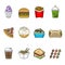Set of fast food icons. Drinks, snacks and sweets.