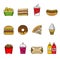 Set of fast food icons. Drinks, snacks and sweets. Colorful outlined icon collection.