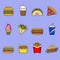 Set of fast food icons. Drinks, snacks and sweets. Colorful outlined icon collection. Vector illustration on white background.