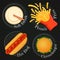 Set of fast food icons. Hot dog, cheeseburger, soft drink and fries.