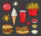 Set of fast food. Realistic hot dog, hamburger, ice cream, a glass with soda and blots of ketchup, mustard and mayonnaise.