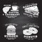 Set of fast food retro badge design on the chalkboard. Vintage design with sandwich, coffee, croissant, burger, donuts