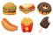 Set of fast food vector cartoon illustration. Cheeseburger, sandwich, donut, ice cream, hot dog, and french fries.