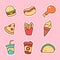 Set of fast food vectors with a cute design on pink background