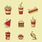 Set of fast food vectors. Pizza, hamburger, french fries, cold drink, hot dog, teacup, coffee cup, chicken thigh, sauce