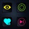 Set Fast forward, Eye, Like and heart and Power button. Black square button. Vector