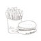 Set of fastfood hand-drawn outline drawings on white background. , sandwich, burger. Black lines.