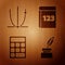 Set Feather and inkwell, Graph, schedule, chart, diagram, Calculator and Book with word mathematics on wooden background