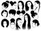 Set of female afro hairstyles. Collection of dreads and afro braids for a girl. Black and white illustration for a
