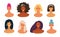 Set of female avatars with shoulders in a flat design. Smiling portraits of women of different nationalities. Collection of cute