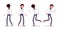 Set of female clerk in walking and running poses, rear, front view