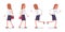 Set of female clerk in walking and running poses, rear, front view