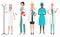 Set of female doctors in different poses. Woman doctor nurse. Vector illustration.