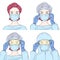 Set with female doctors in disposable medical surgical face masks, safety glasses, rubber gloves and a protective suit.