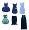 A set of female dresses in blue tones, a skirt and a sleeveless jacket. Women`s clothing.