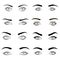 Set of female eyes and brows black image illustration for health glamour design with beautifully fashion eyelashes. Open