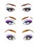 Set of female eyes and brows image with beautifully fashion make up. Fashion illustration. Green eyes. Blue eyes. Brown eyes.