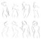 Set of female figures. Collection of outlines of young girls. Stylized slender body. Linear Art. Black and white vector