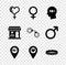Set Female gender and heart, symbol, Head with 18 plus, Location, Leather fetish collar, Sex shop building and Sexy