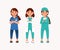 Set of female medical character as doctor and nurse wearing different cloth and equipment flat vector illustration