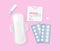 Set of female menstrual cycle hygiene products. Sanitary napkin, tampons, pills. calendar