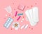 Set of female menstrual cycle hygiene products. Sanitary napkin, tampons, pills, flowers, soap, hearts