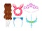 Set of feminine hair accessories. Items for woman hairdo styling. Hair band, bridal hairpin, invisible, crown, false hair,