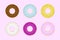 Set few kinds of dount on pink background colorful donuts cute donuts flat design chocolate tasty food