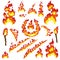 Set of fier elements: bonfire, fire, torch, flambeau, camp fire, ring of fire, sparks. Cartoon stiyle. Big collection for your