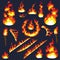 Set of fier elements: bonfire, fire, torch, flambeau, camp fire, ring of fire, sparks. Cartoon stiyle. Big collection for your