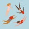 A set of figures of young girls in swimsuits of different nationalities. Cute vector illustration in hand drawn style.