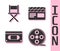 Set Film reel, Director movie chair, VHS video cassette tape and Movie clapper icon. Vector