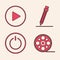 Set Film reel, Play in circle, Pencil with eraser and Power button icon. Vector