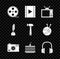 Set Film reel, Play Video, Television, Photo camera, Cake, Headphones, Feather and inkwell and Hammer icon. Vector