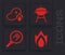 Set Fire flame, Grilled steak meat and fire flame, Barbecue grill and Fish steak in frying pan icon. Vector