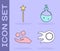 Set Fireball, Magic wand, Cube levitating above hand and Bottle with love potion icon. Vector