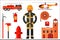 Set of firefighter elements. Fireman in uniform, helicopter, fire engine, extinguisher, axe, hook, hose, fire department