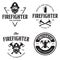 Set of firefighter volunteer, rescue team emblems, labels, badges and logos in monochrome style