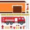 Set of firefighters truck, fireman outfit and garage vector illustration in a flat design.