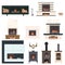 Set of fireplaces and accessories to them. Stone and brick classical and modern fireplaces.