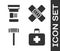 Set First aid kit, Medicine bottle, Shaving razor and Crossed bandage plaster icon. Vector