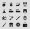 Set First aid kit, Mexican mayan or aztec mask, Bear head, Snail, Car, Volcano eruption, Lemon and Safari car icon