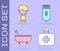 Set First aid kit, Shaving brush, Bathtub and Electrical hair clipper or shaver icon. Vector