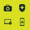 Set First aid kit, Smartphone with upload, Laptop and gear and Medical shield cross icon. Vector