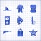 Set Fish, Aqualung, Starfish, Knife, Fishing harpoon, Gauge scale, Shell with pearl and Shark fin ocean wave icon