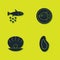 Set Fish with caviar, Mussel, Shell pearl and Puffer fish on plate icon. Vector