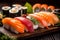 set fish japanese rice meal food sushi japan seafood roll. Generative AI.