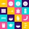 Set Fishes, Shrimp, Canned fish, Octopus on plate, Caviar spoon, and Turtle icon. Vector