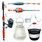 A set of fishing accessories for fishing painted in watercolor isolated on a white background templates for stickers