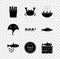 Set Fishing bucket with fishes, Crab, Soup shrimps, caviar, Jellyfish on plate, Seafood store, Stingray and Grilled